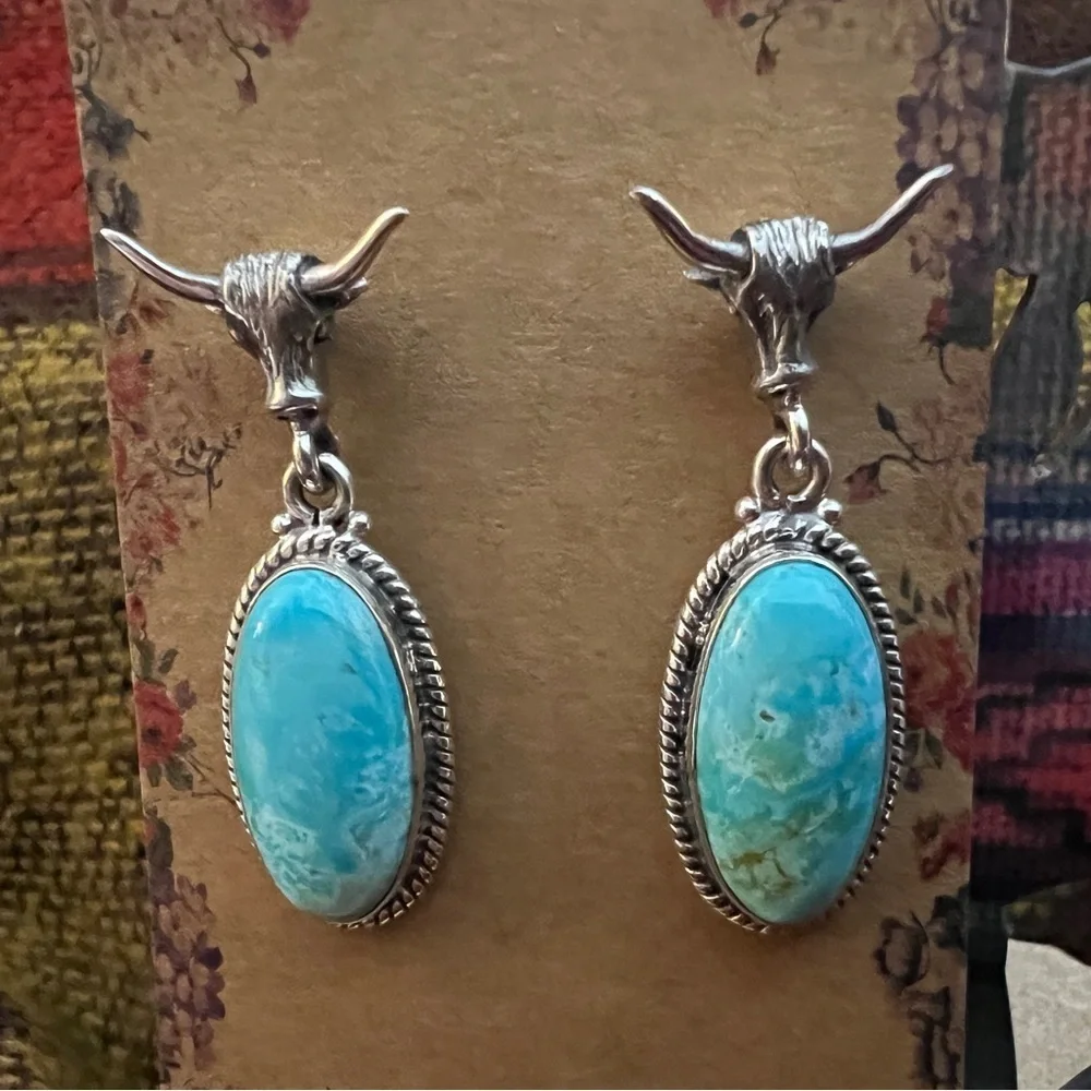 ❤️ Bull’s Head Mohave Turquoise Navajo Sterling 1.45”L Statement Earrings 12.9gm